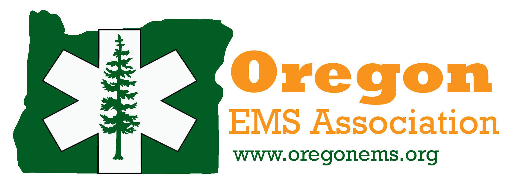 Oregon EMS Association Logo. A green outline of Oregon with the Star of Life with a Douglas Fir tree in the center; the words Oregon EMS Association are written in orange